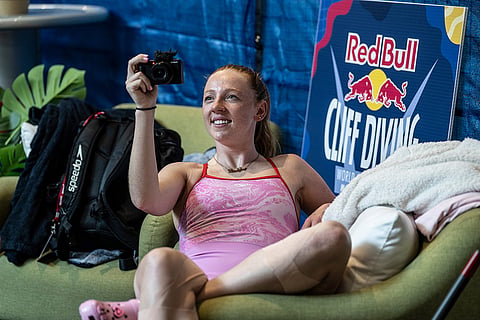 Red Bull Cliff Diving World Series: Molly Carlson of Canada films in the athletes area